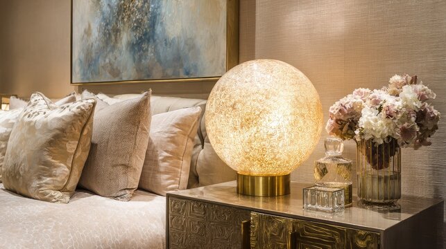 Bedroom with pastel colors and a round lamp casting warm ambient lighting