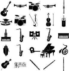 Musical Instruments Black Silhouettes Icon Set
