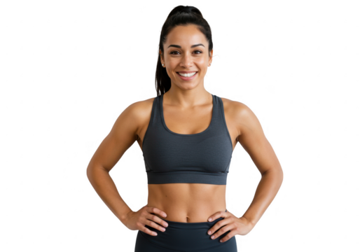 Smiling fit woman in sports bra and leggings isolated on transparent background - Powered by Adobe