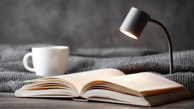 Bedside reading lamp with flexible neck illuminating an open hardcover book