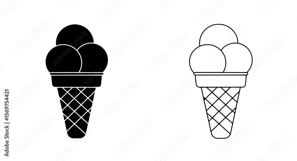 Poster ice cream cone set: a simple line art illustration of an ice cream cone with three scoops, in both s
