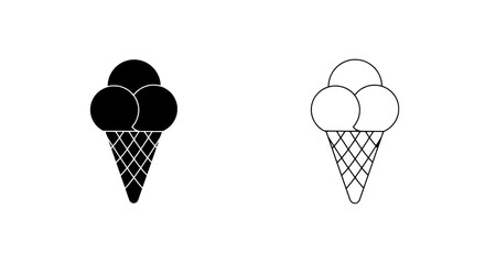 Ice Cream Cone Icons: Simple black and white vector icons of a classic ice cream cone with three scoops. Perfect for menus, apps, or any dessert-related design.