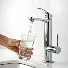 A hand pours water from a modern chrome faucet into a clear glass. The setting is a bright kitchen with a clean countertop.