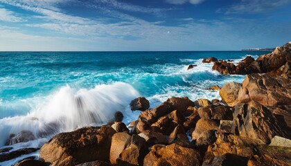 ocean waves rolling onto a rocky shore creating a dynamic contrast of turquoise water and brown stones in a beautiful seaside scene