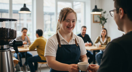 Inclusive workplace scene with a cheerful employee with down syndrome serving a customer in a modern cafe
