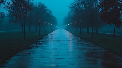 Wet stone path glowing softly with lantern light reflections in rain puddles, nighttime atmosphere enhanced by subtle ambient illumination