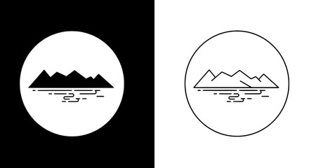 Mountain Illustration in Circle: A minimalist illustration of mountains, captured within a circle. One side shows a white circle with a black mountain silhouette, and the other displays the reverse.