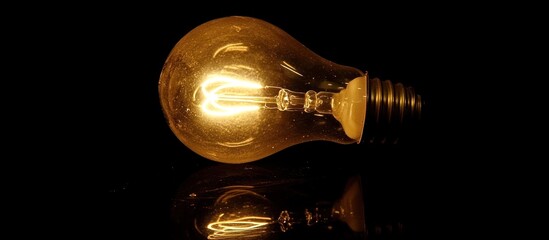 Illuminated lightbulb on reflective surface creating ethereal glow and dark contrast