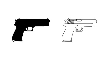 Pistol Silhouette and Outline: A stark contrast of a black pistol silhouette beside a detailed outline, emphasizing the iconic firearm design.