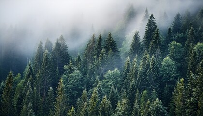 Obraz premium a dense forest with a thick fog covering the trees