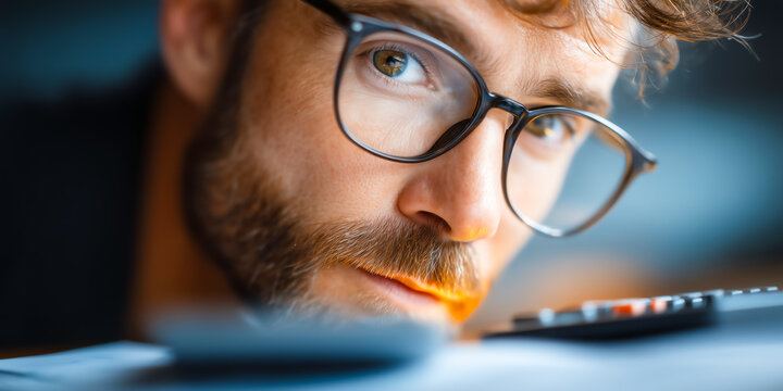 A focused accountant compiling year-end tax documents for corporate filing under professional lighting and document-heavy workspace