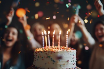 Joyful birthday celebration with colorful cake and lively party atmosphere
