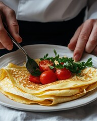 A chef delicately garnishing a plate of fresh crepes with cherry tomatoes and herbs