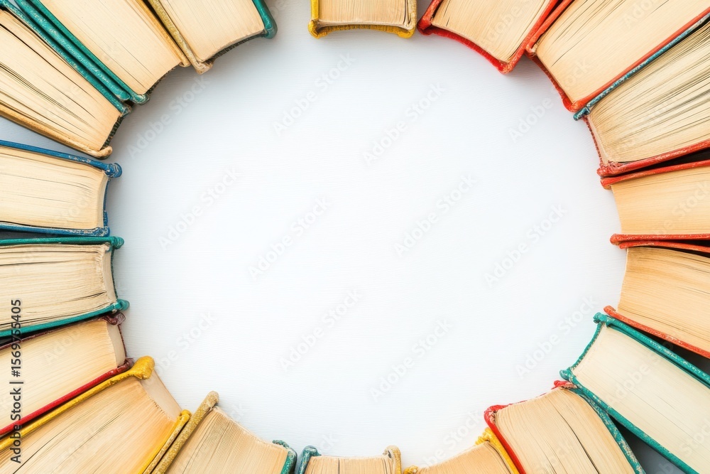 Poster a circular arrangement of colorful books creating a frame around a blank space for text