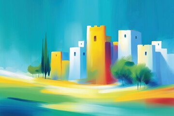 A vibrant, abstract painting of ancient Jerusalem. Stylized towers and cypress trees under a bright sky, representing the biblical holy city of Zion.
