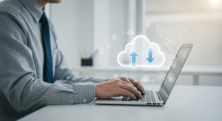 Professional uses a laptop, symbolizing secure cloud data synchronization and digital business operations.