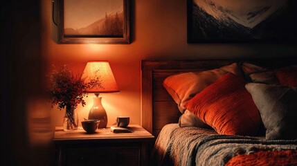 Fototapeta premium Cozy bedroom corner with warm bedside lamp light reflecting on wall art and linens
