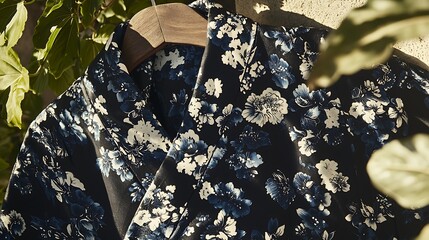 Naklejka premium Soft light casting delicate shadows on a traditional yukata draped over a worn wooden hanger in a serene, old interior