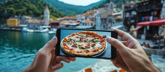 A pizza photo taken on a smart phone overlooking a quaint town by the water