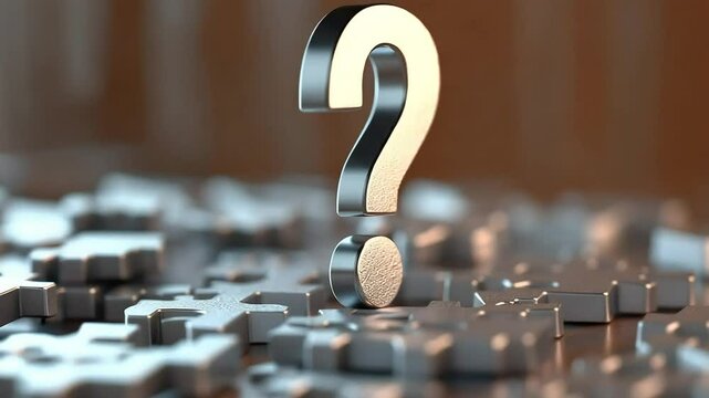 Metallic question mark stands tall amidst intricate puzzle pieces, symbolizing inquiry and challenge.