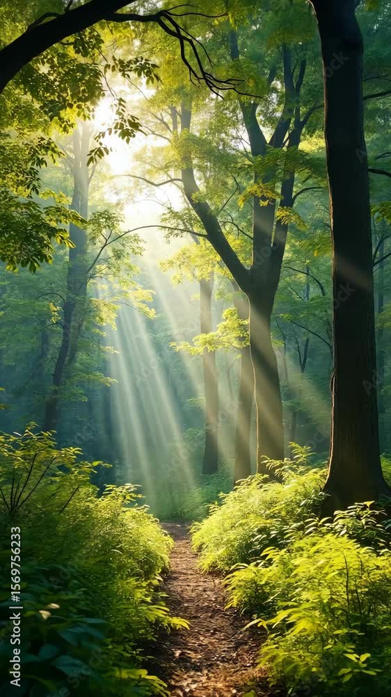 Poster a serene background of a forest with sunlight filtering through the trees, highlighting the earth's 