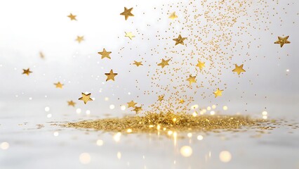 Golden stars and glitter falling on a white surface with bokeh lights