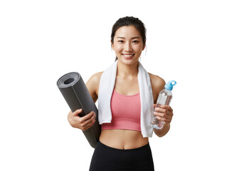 Young asian woman holding yoga mat and water bottle isolated on transparent background