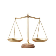 A classic golden balance scale with two empty pans suspended by chains on either side of a central beam atop a wooden base.