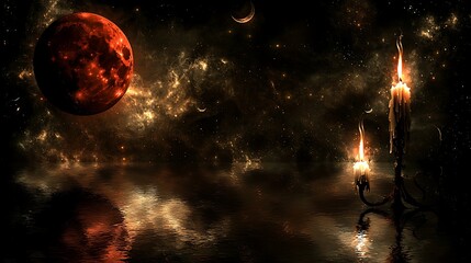 The glow of a red moon gently illuminates a lone candle on a placid lake, its flame dancing in the quiet