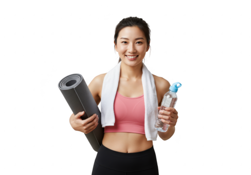 Young asian woman holding yoga mat and water bottle isolated on transparent background