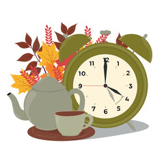 Change your clocks card for Daylight Saving Time. Clocks with teapot and leaves. Fall back vector illustration