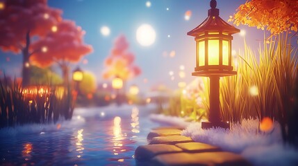 Calm river setting with soft lantern light shining through tall reeds, creating a peaceful and serene atmosphere at dusk