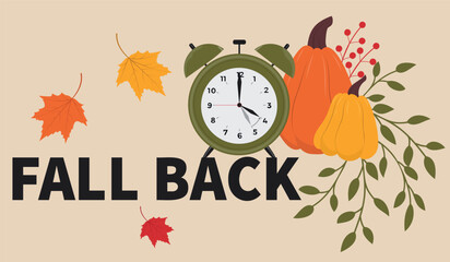 Change your clocks. Hand drawn fall back. Alarm with pumpkin and maple leaves