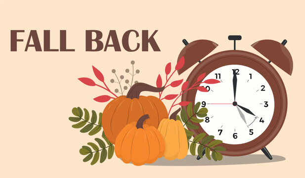 Alarm with pumpkins. Hand drawn Fall back banner. Change your clocks. 