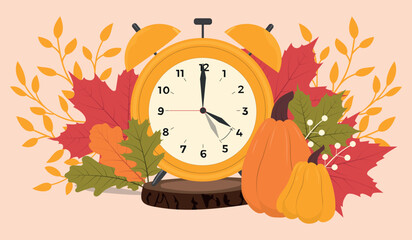 Clock on a wooden log with space for text on a background of fall leaves. Fall back concept  Horizontal vector illustration