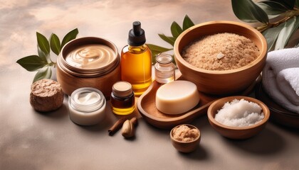 serene spa products arranged on textured surface aromatic oils scrubs and facial masks for a luxurious self care ritual