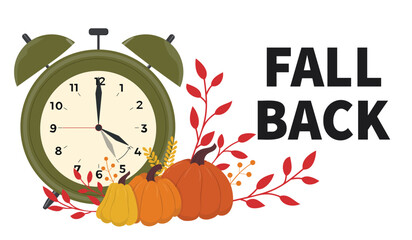 Change your clocks card for Daylight Saving Time. Clocks with pumpkins and leaves. Vector illustration	