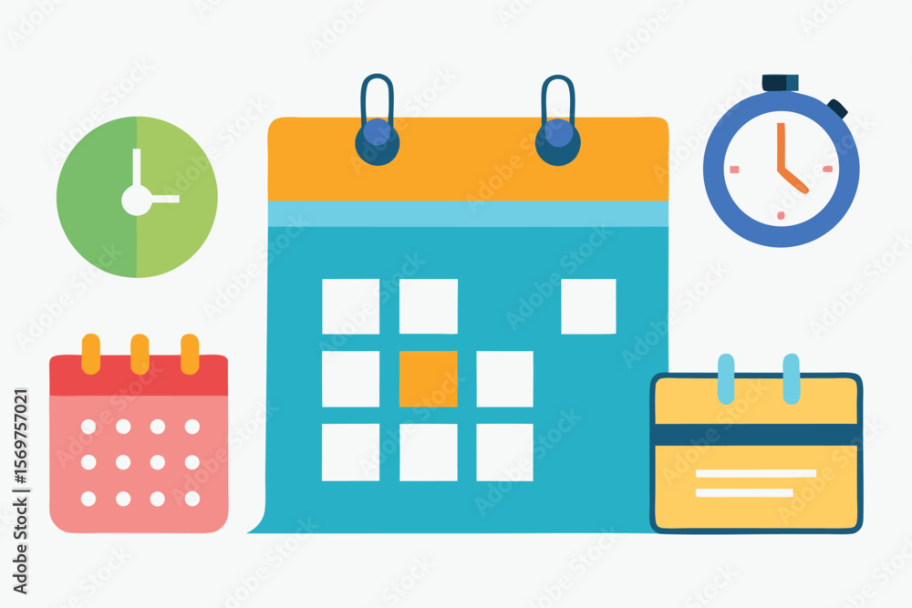 Poster flat calendar and clock icons for scheduling and time management schedule stopwatch