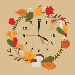 Postcard for Fall back. Fallen leaves, mushrooms and pumpkins lying in a circle. Daylight Saving Time. 