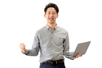 ガッツポーズをする笑顔の男性ビジネスマン（背景透過PNG）