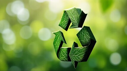 A close-up of a spinning and rotating recycling symbol made from green leaves, emphasizing the importance of reusing resources and sustainable growth.