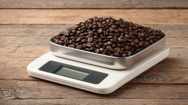 High precision digital scale weighing coffee beans on a rustic wooden table
