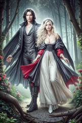 Romantic Fantasy Couple in Medieval and Magical Settings, Elegant Man and Woman in Historical Outfits, Royal Fairytale Aesthetic with Castles, Gardens, and Enchanted Atmosphere