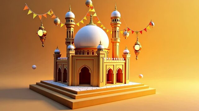 Cheerful 3D icon of a golden mosque with festive banners, glowing lanterns floating around its minarets in cartoon style. Eid al-Adha, Kurban Bayram, Islamic holiday, family celebration, Muslim feast.