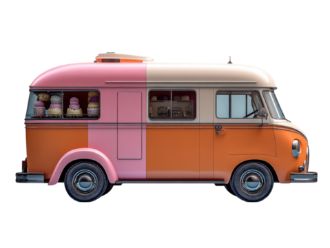 A colorful van with a pink and orange stripe