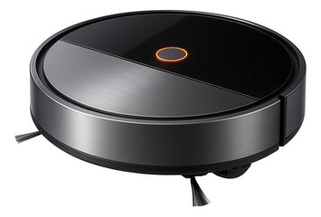 A robot vacuum with a metallic exterior and side brushes, ideal for efficiently cleaning carpeted living rooms in a family house.