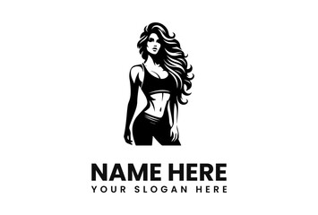 Silhouette of a fit woman in sportswear with flowing hair, posing against a white background.