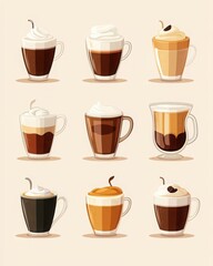 Obraz premium A collection of various coffee drinks in decorative mugs with whipped cream on top