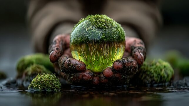 Hands cupping a glowing moss-covered orb, symbolizing environmental protection and nature conservation - Powered by Adobe