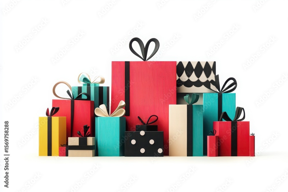 Poster a colorful arrangement of gift boxes in various sizes and patterns, set against a white background